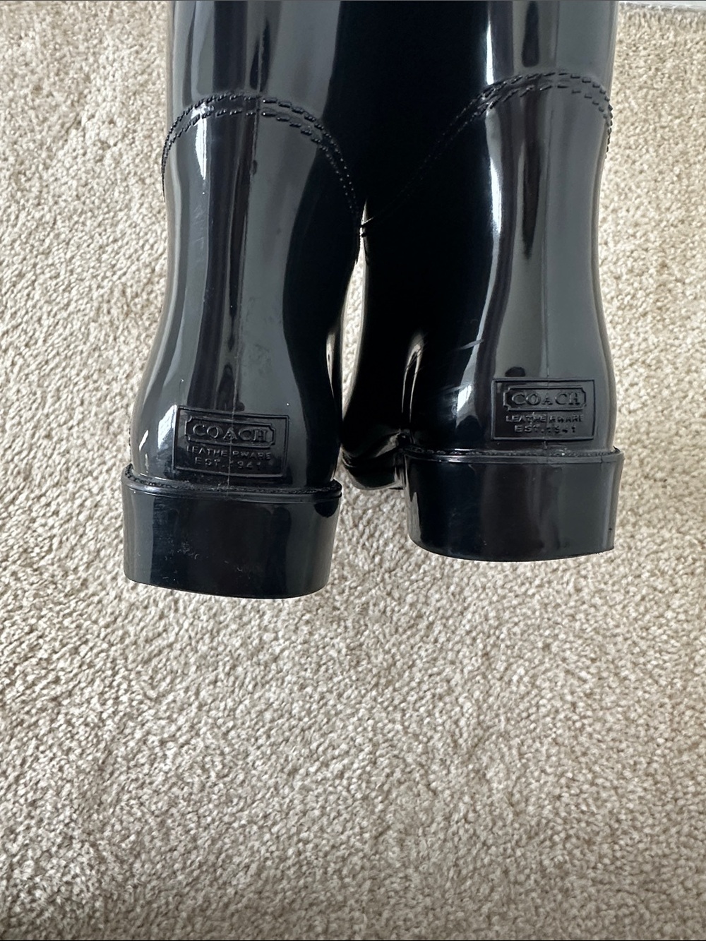 Coach Patent Black Knee-High Rain Boots with Gold Accent - Picture 6 of 14